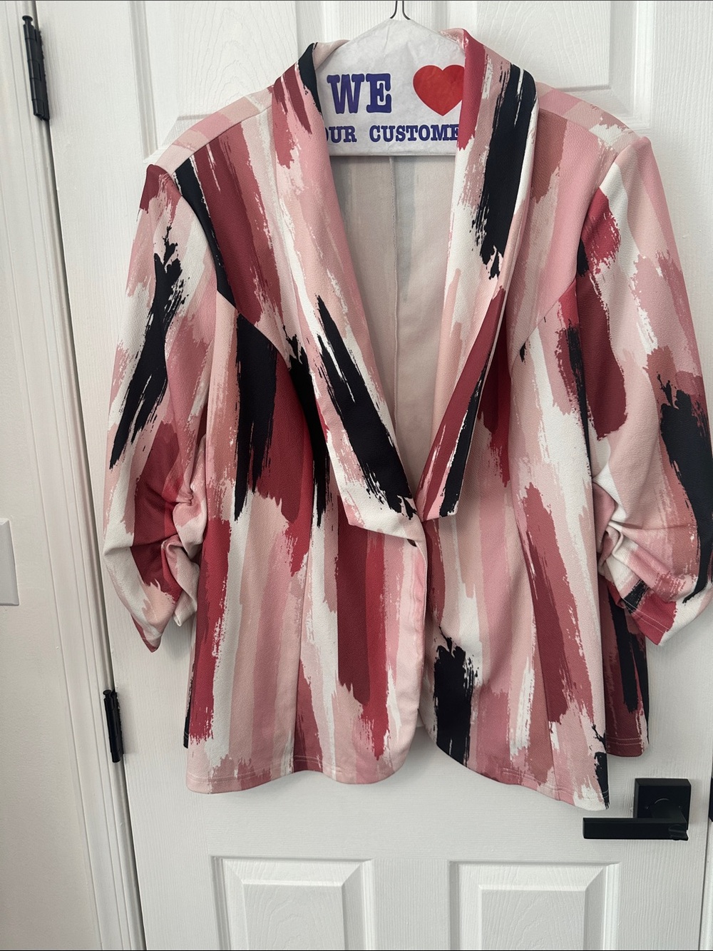 Abstract Brushstroke Open Blazer in Blush and Black worn once